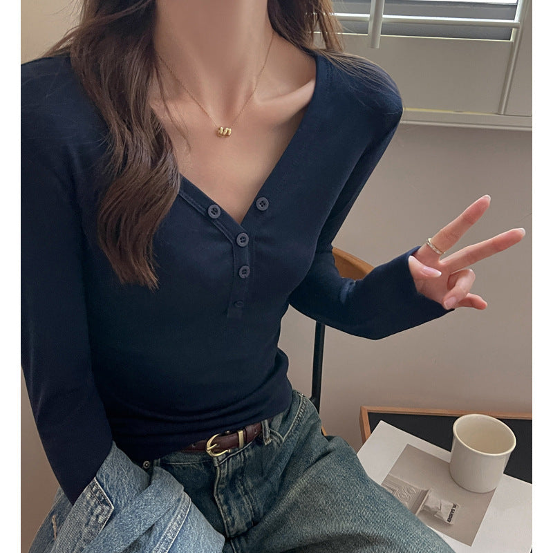 Fleece-lined Thickened Design Deep V-neck Long-sleeved Base Shirt