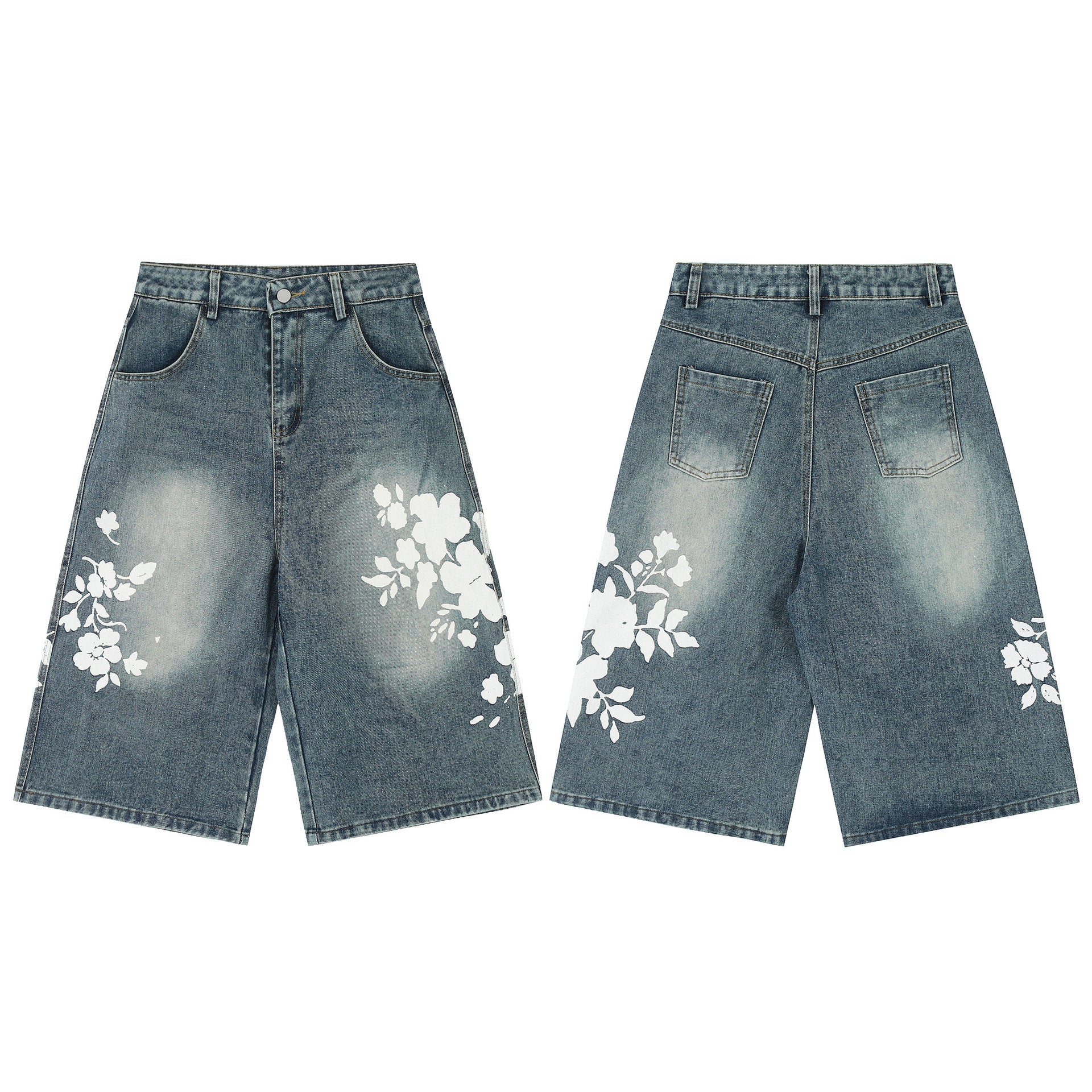 High-street Design Lace Print Slimming Wide-leg Cropped Pants