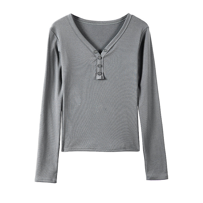 Fleece-lined Thickened Design Deep V-neck Long-sleeved Base Shirt