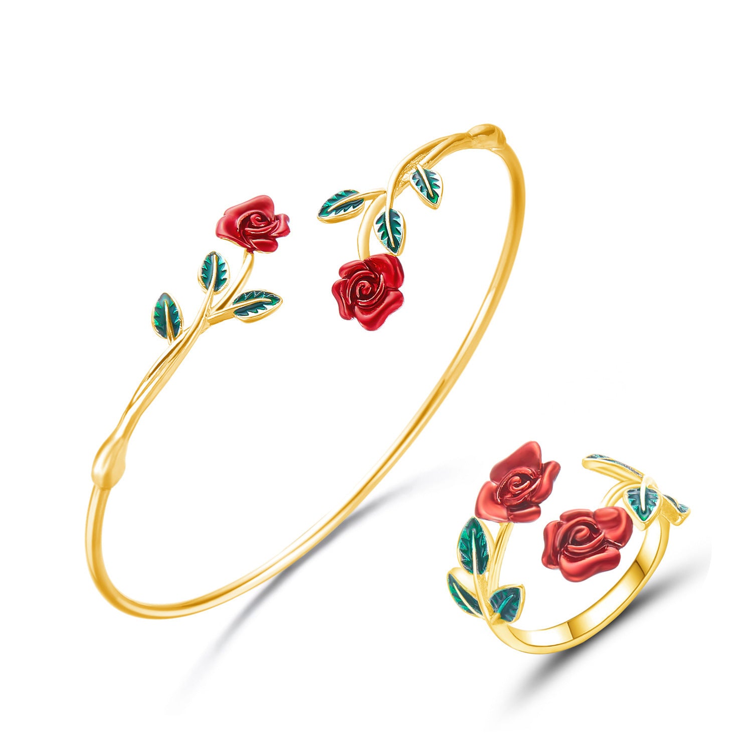 Dripping Oil Rose Open Bracelet Ring Set For Women
