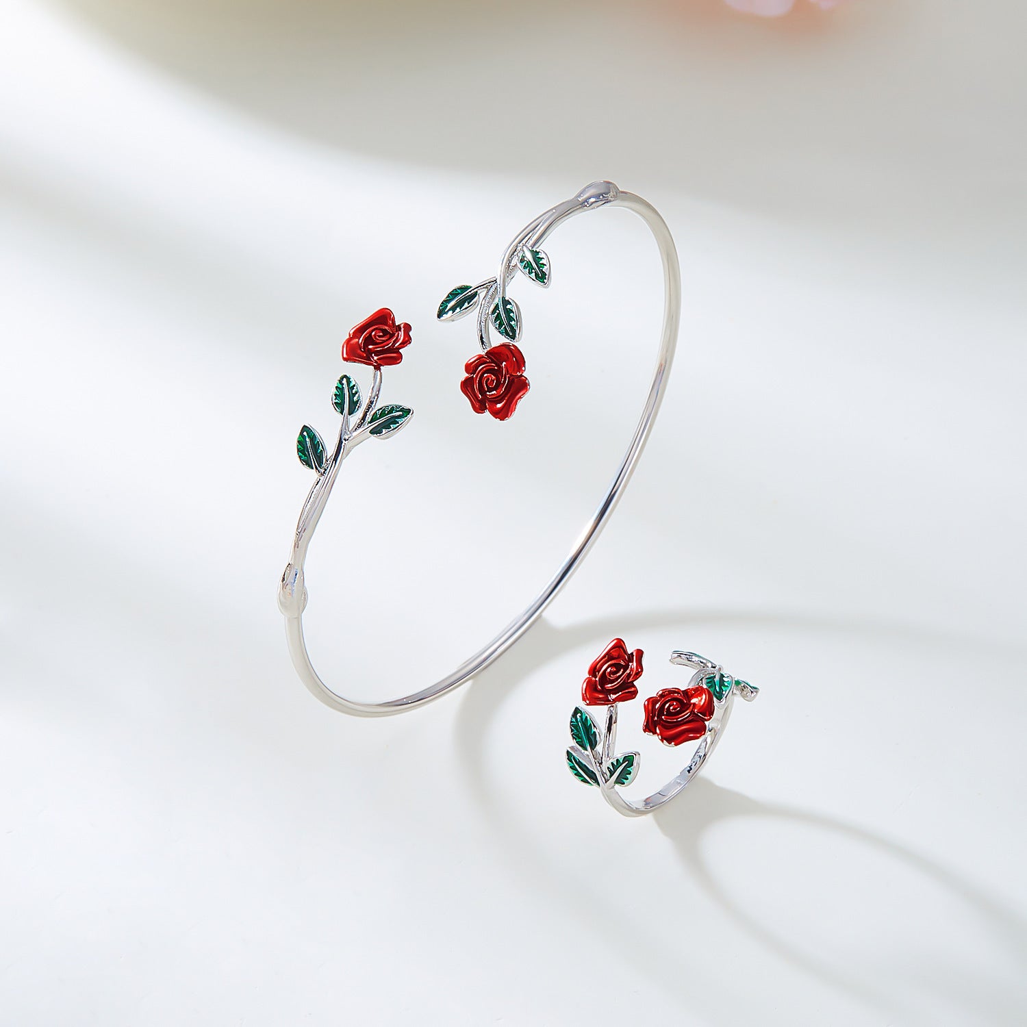 Dripping Oil Rose Open Bracelet Ring Set For Women