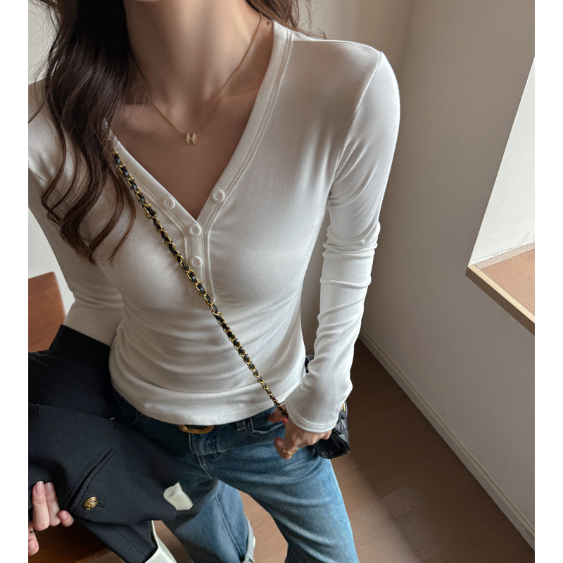 Fleece-lined Thickened Design Deep V-neck Long-sleeved Base Shirt