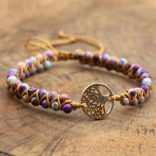 African Pine Life Tree Two-Tone Imperial Stone Double Layer Braided Wrap Bracelet