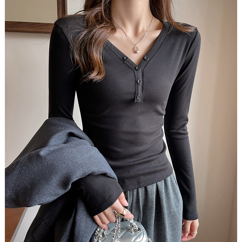 Fleece-lined Thickened Design Deep V-neck Long-sleeved Base Shirt