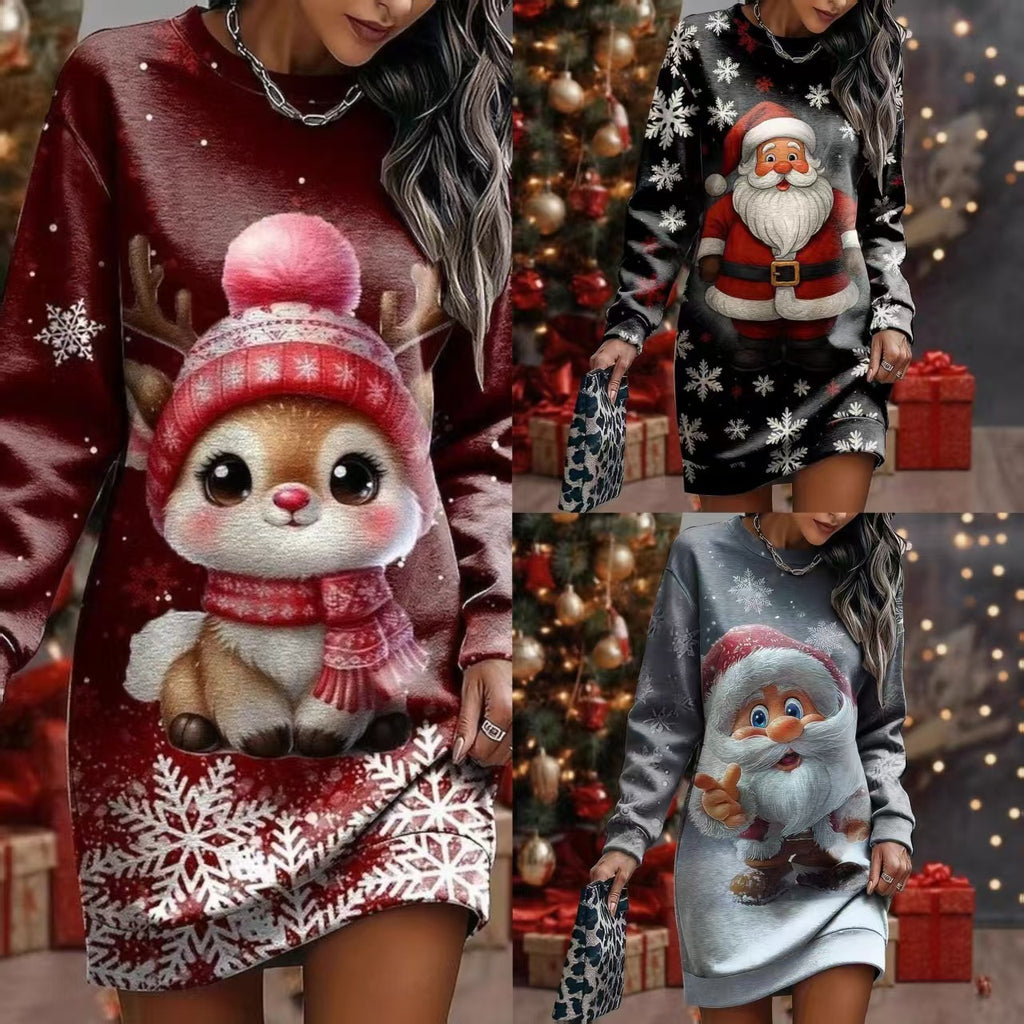 Christmas Print Long Sleeve Women's Dress