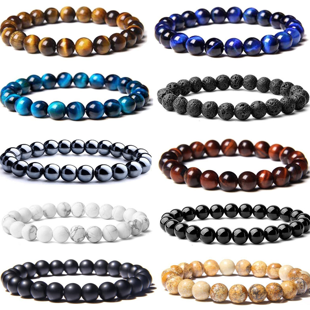 8mm Natural Gemstone Bracelet Tiger Eye Stone White Turquoise