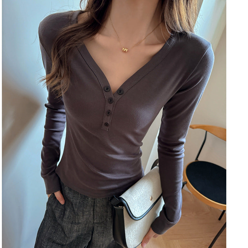Fleece-lined Thickened Design Deep V-neck Long-sleeved Base Shirt